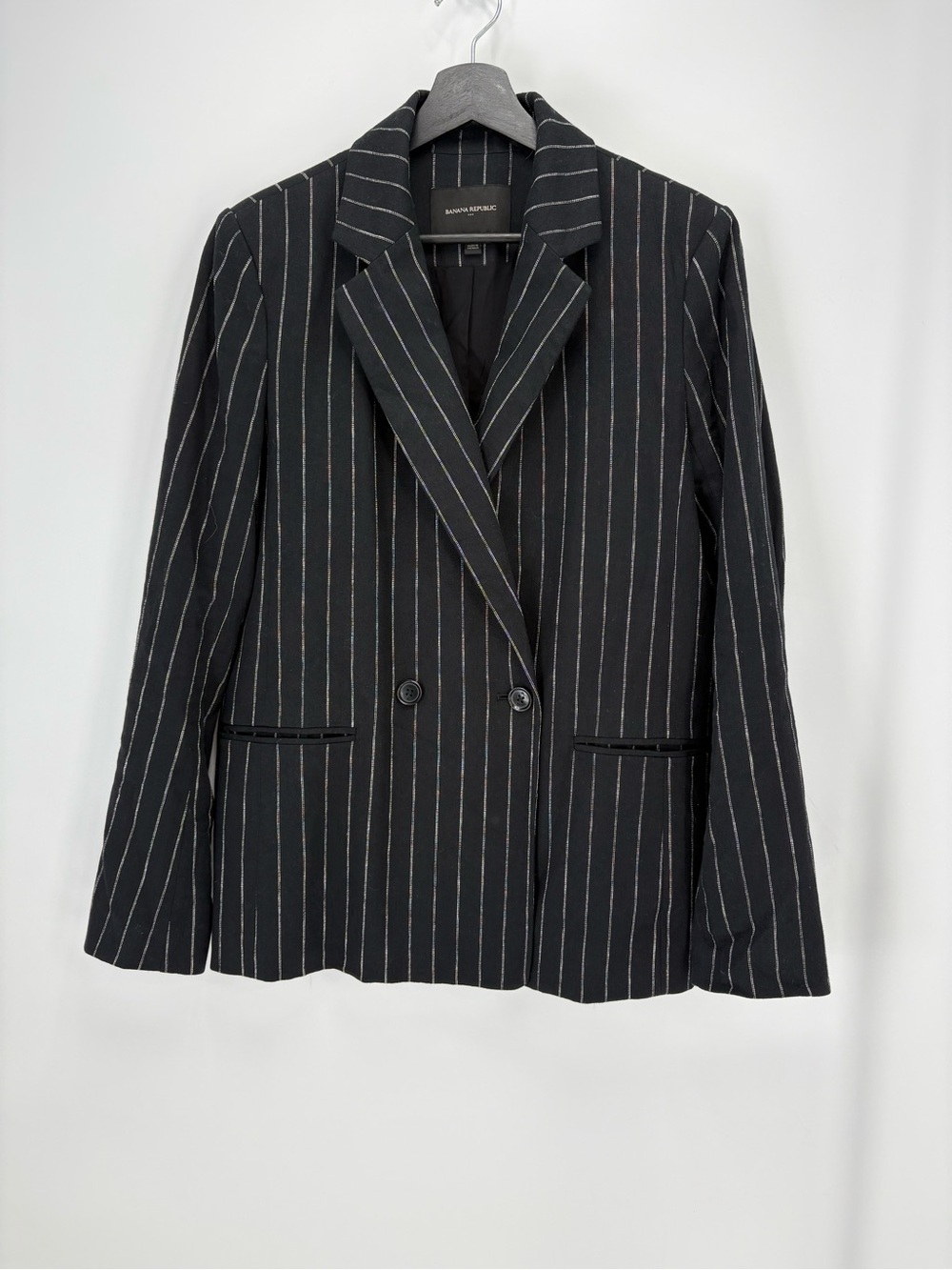 🦅 Banana Republic linen cotton Black Blazer with White Pinstripes